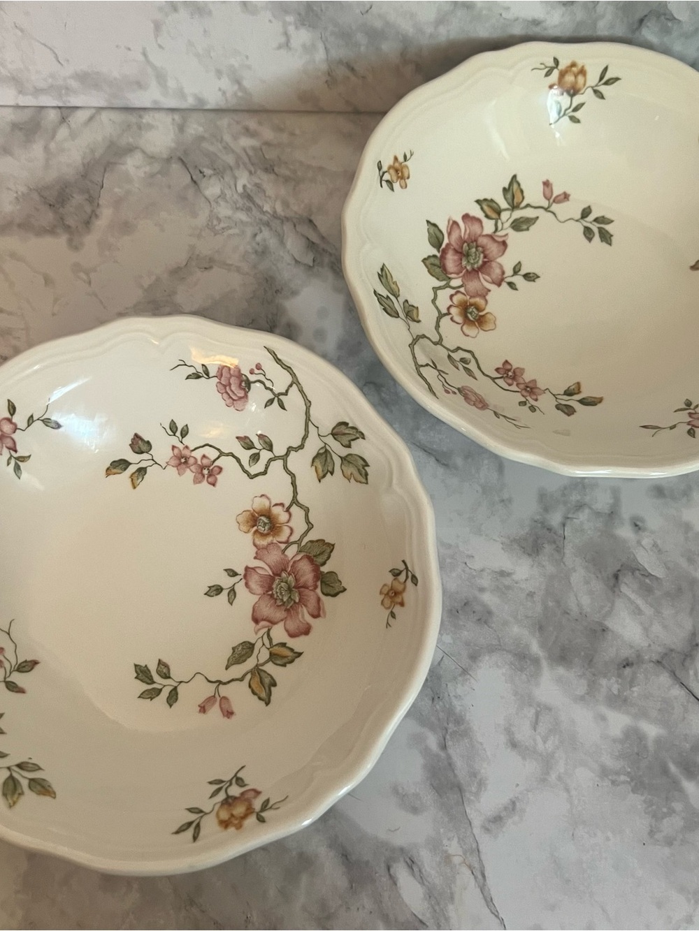 Vintage Cream Ceramic Serving Bowls with Pink and Yellow Floral Motif - Set of 2